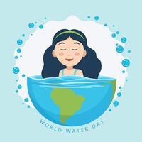 värld vatten dag. en flicka simmar i vatten på planet jorden. vektor illustration.