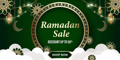 Rabatt Werbung Banner, mit ein Ramadan oder islamisch Thema. dunkel Grün Farbe vektor