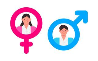 leende manlig och kvinna i kön symbol. man och kvinna kön symboler. tecknad serie, karaktär design, platt vektor illustration.