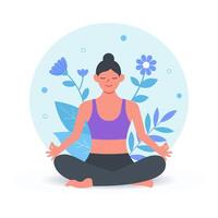 jung Frau tun Yoga Übungen, üben Meditation auf Lotus Pose, Frau Sitzung mit ein Blume Illustration im das Hintergrund, gut mental Gesundheit Yoga Lebensstil und Selbstpflege Vektor
