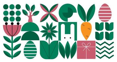 geometrisch abstrakt Muster. Ostern, Eier, Blumen, Pflanzen von einfach Formen. Vektor Illustration.