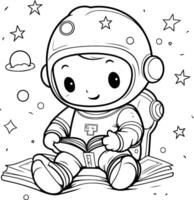 ai genererad färg bok för barn astronaut Sammanträde på de bok. vektor illustration.