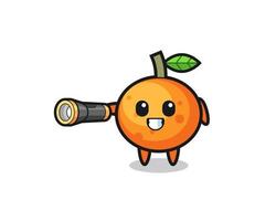 Mandarin-Orangen-Maskottchen mit Taschenlampe vektor