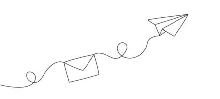 Zeichnung von kontinuierlich editierbar einer Linie fliegend Papier Flugzeug und Post. Konzept von Senden E-Mails zum Geschäft und Sozial Medien im einfach linear Stil. Vektor Illustration