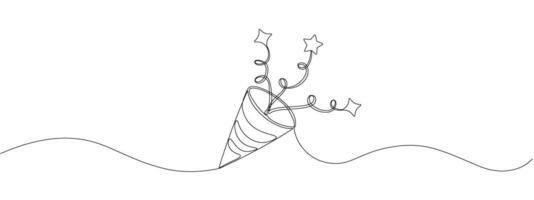 teckning av kontinuerlig enda redigerbar linje av Semester kläpp med konfetti med streamers och stjärnor. symbol av roligt, firande, överraskning. vektor illustration i klotter stil