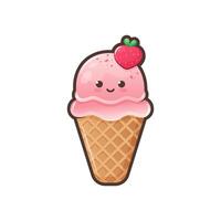 süß Eis Sahne Waffel Kegel isoliert auf Weiß Hintergrund. kawaii Stil mit komisch Gesicht. Karikatur Süss Charakter. Vektor Illustration.