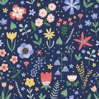 nahtlos Muster mit anders bunt Blumen und Blätter auf dunkel Blau Hintergrund. Land Stil Design zum Textil, Verpackung Papier, Startseite vektor