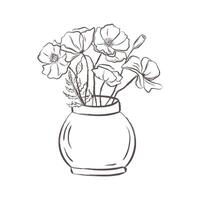 vallmo vild bukett i en vas vektor illustration. blommig bläck svart och vit teckning