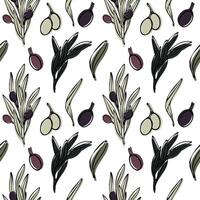 Vektor nahtlos Muster mit Olive Baum Zweig, Blätter und Oliven Frucht. Hand gemalt Gliederung Blumen- Illustration mit Farbe Hintergrund zum Küche Stoff Design, Verpackung, Tapeten, drucken