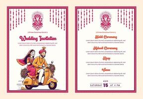 indisk bröllop inbjudan mall med söt par på skoter vektor