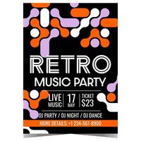 Musik- Party Einladung im alt retro Stil mit abstrakt Elemente auf ein schwarz Hintergrund. Vektor Flugblatt, Flyer, Poster oder Banner zum ein Disko tanzen Show oder Unterhaltung Veranstaltung beim Nacht Verein.