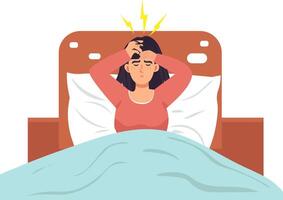 Frau kippen Schlaf weil von Migräne Ursachen stark Kopfschmerzen. Vektor illustrationn