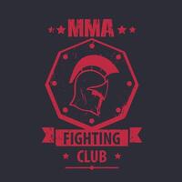 mma stridande klubb logotyp, emblem, bricka med spartansk hjälm, röd på mörk, vektor illustration