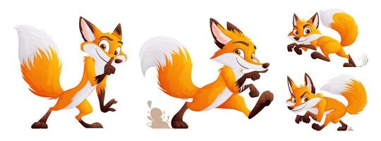 en uppsättning av fyra listig men söt rävar. vuxen rävar i dynamisk poserar. vild djur av de skog. vektor tecknad serie stil.