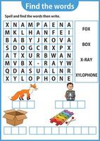 ord pussel spel ord Sök kalkylblad utbildning spel för barn inlärning engelsk alfabet vektor