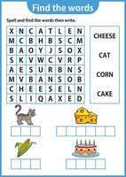 Wort Puzzle Spiel Wort Suche Arbeitsblatt Bildung Spiel zum Kinder Lernen Englisch Alphabet vektor