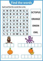 Wort Puzzle Spiel Wort Suche Arbeitsblatt Bildung Spiel zum Kinder Lernen Englisch Alphabet vektor