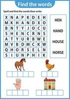 Wort Puzzle Spiel Wort Suche Arbeitsblatt Bildung Spiel zum Kinder Lernen Englisch Alphabet vektor