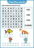 ord pussel spel ord Sök kalkylblad utbildning spel för barn inlärning engelsk alfabet vektor