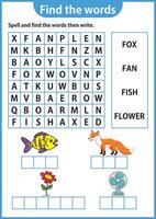 Wort Puzzle Spiel Wort Suche Arbeitsblatt Bildung Spiel zum Kinder Lernen Englisch Alphabet vektor