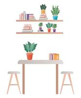 Tisch mit Stühlen Pflanze und Bücher Vektor-Design vektor