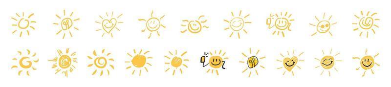 Reihe von handgezeichneten Sonnensymbolen. lustige Vektor-Doodle-Sonnen. vektor