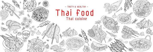 thailändsk mat meny restaurang. thailändsk mat skiss meny. vektor