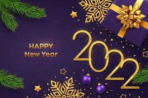 Frohes neues 2022 Jahr. goldene metallische Zahlen 2022 mit Geschenkbox, leuchtender Schneeflocke, Tannenzweigen, Sternen, Kugeln und Konfetti auf violettem Hintergrund. Neujahrsgrußkarte oder Bannervorlage. Vektor. vektor