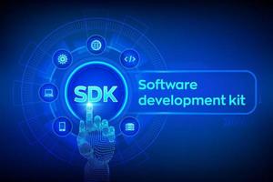sdk. Software Development Kit Programmiersprachentechnologiekonzept auf dem virtuellen Bildschirm. Technologiekonzept. Roboterhand, die digitale Schnittstelle berührt. Vektor-Illustration. vektor
