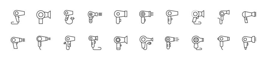 samling av tunn linje ikoner av hårtork. linjär tecken och redigerbar stroke. lämplig för webb webbplatser, böcker, artiklar vektor