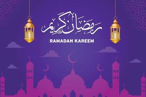 ramadan kareem arabicum typografi med måne och islamic mörk bakgrund. vektor illustration