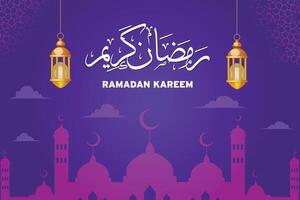 Ramadan kareem Arabisch Typografie mit Mond und islamisch dunkel Hintergrund. Vektor Illustration