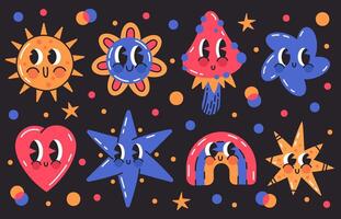 abstrakt klotter komisk tecken. tecknad serie emoji söt former, regnbåge, hjärta, svamp och stjärna hand dragen vektor illustration uppsättning. söt komisk maskotar
