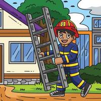 Feuerwehrmann mit ein Leiter farbig Karikatur vektor