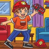 Kind mit Feuerwehrmann LKW Spielzeug farbig Karikatur vektor