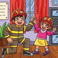 Feuerwehrmann und Kind farbig Karikatur Illustration vektor