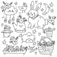 Ostern Linie einstellen mit Hase, Korb, Blumen, Eier, Küken und Design Elemente. Ostern Illustration mit festlich Tiere im Boho Stil. Ideal zum Kinder Zimmer Dekoration, Kleidung, Drucke. vektor