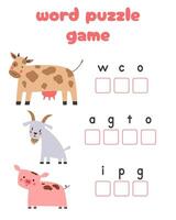 ord pussel barn pedagogisk spel. plats de brev bruka djur i rätt ordning. vektor tecknad serie illustration.