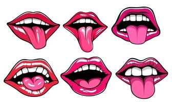 einstellen Mund kleben aus Zunge Aufkleber Design Vektor Illustration
