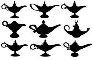 einstellen arabisch Magie Lampe schwarz Silhouette Symbol. Aladdin Lampe Design Vektor Illustration
