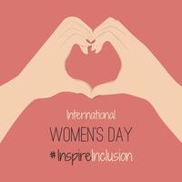 iwd design med vit händer visa hjärta form kort. minimalistisk internationell kvinnor s dag 2024 posters med slogan inspirera inkludering. vapen hälsning kort social kampanj inspirera inkludering i 8 Mars vektor