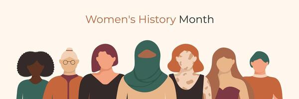 kvinnors historia månad baner med mångfald flickor i ansiktslös stil. annorlunda hud Färg, lopp och åldrar. vektor