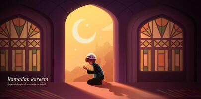 Illustration von Muslim Junge beten salat gegenüber zu Sonnenuntergang durch Moschee Tür mit befleckt Fenster auf beide Seite. vektor