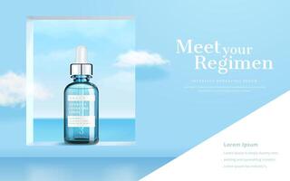 3d Illustration von Hautpflege Produkt Anzeige, surreal Hintergrund Design von Meer Aussicht durch Fenster mit Wolke fliegend beiseite vektor