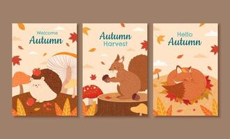einstellen von Herbst Illustration, entworfen mit süß Wald Tiere im Hand gezeichnet Stil, perfekt zum Abdeckung, Veranstaltung Förderung, und Gruß Karte vektor