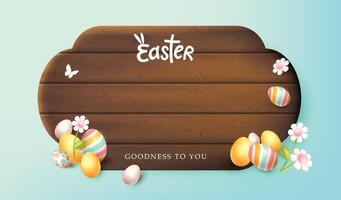 glücklich Ostern Banner Karte Hintergrund mit Frühling Jahreszeit farbig Ostern Eier anders Ornamente auf Holz Planke Kopieren Raum vektor