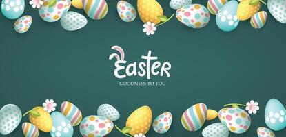 Ostern Tag Banner mit Ostern Eier Rahmen und Frühling Blumen auf Tafel Hintergrund und Kalligraphie von Ostern vektor