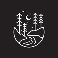 Natur draussen Wald Fluss Bäume Nacht Halbmond Sterne minimalistisch Stil Linie Aufkleber Logo Design Vektor Symbol Illustration