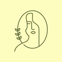 kvinna porträtt lång hår skönhet feminin oval löv rader enkel stil minimalistisk maskot klistermärke logotyp design vektor ikon illustration