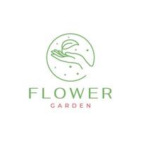 Hand mit Blätter Kreis gestalten Linie Stil einfach minimal feminin Gartenarbeit Florist Logo Design Vektor Symbol Illustration